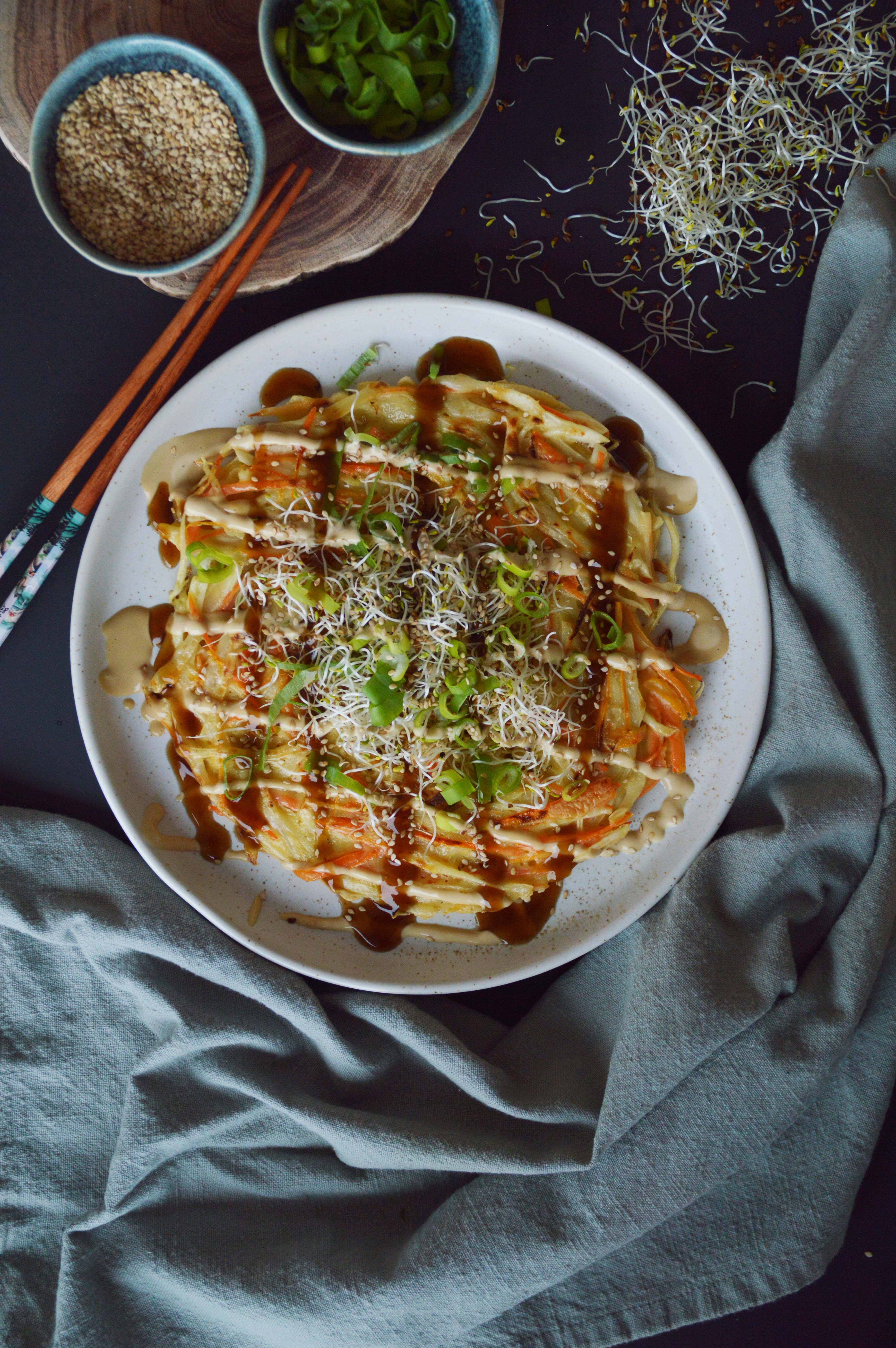 <orangeHeader>Carrot Okonomiyaki</orangeHeader> <br><br>
													The travel around the world but make it locally grown. We love to take inspiration from different food cultures
														and still make the food our own with ingredients available in our local store. Thats why we try to recreate meals with local ingredients a lot.
																<br><br>
																 Cabbage is higly underrated and used a lot both in asian and Swedish foods so cabbage pancaked sounds like the perfect hybrid food.
																 As my brother love to point out this might not be an authentic okonomiyaki but damn its so good
															 <br><br>
															 <b>Full recipe available in the app but here is the basic ingredients:</b>
															 <br><br>
															 <b>1.</b> Pancake is made of thinly cut cabbage, carrots, pickled ginger and pancake mixture. Put it all in a pan and fry for 10 minutes per side
															 <br>
															 <b>2.</b> Top with anything you want really, we love mushrooms, seagrass chips, chopped scallions and sprouts
															 <br>
															 <b>3.</b> SAUCE, very very important, mix mayo with soy and maybe a bit of water to make it a bit runnier. The second sauce we use is prebought hoisin sauce